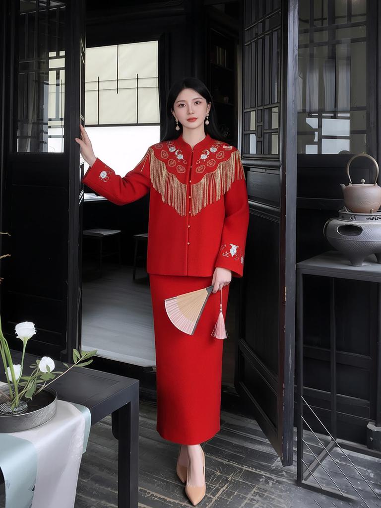 Winter 2026 Red High-End Double-Sided Wool Coat and Skirt Suit for Women, Chinese Style - NY033.