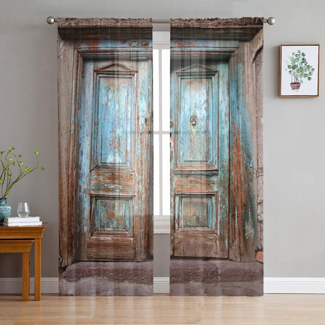 Braune Holztür Stein Ziegel Retro durchsichtige Fenstervorhänge für Wohnzimmer Küche Kinder Schlafzimmer Tüll Voile Hängevorhang
