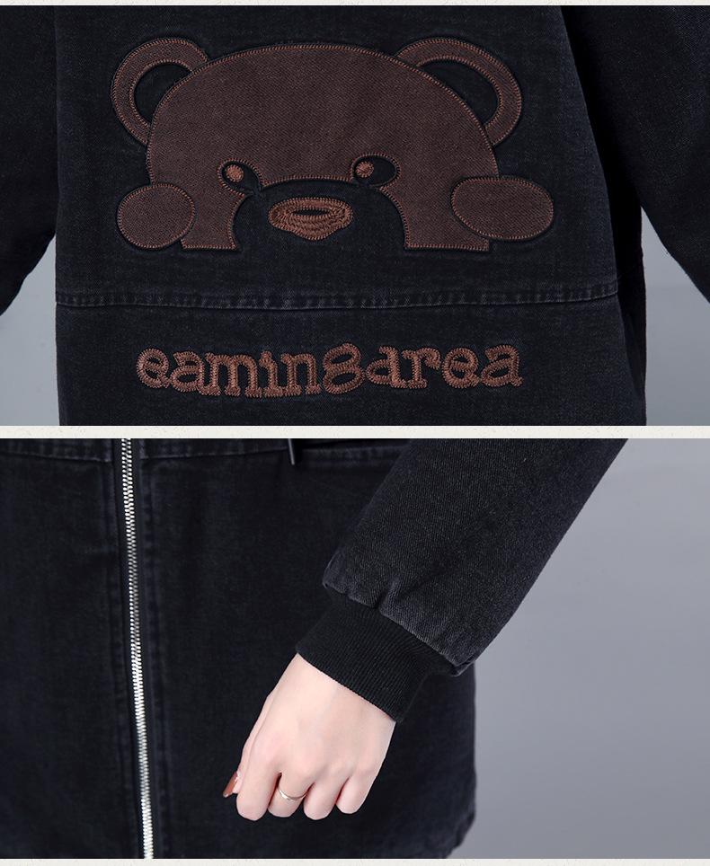 Women's Fleece-Lined Denim Hooded Jacket: Mid-Length, Warm, Fashionable Autumn/Winter Coat for Middle-Aged & Elderly Moms.