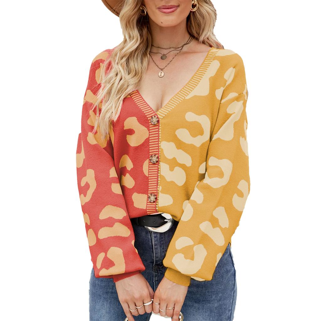 Damen Strickmantel Leopardenmuster Farbkontrast V-Ausschnitt Knopfverschluss Langarm Pullovermantel für