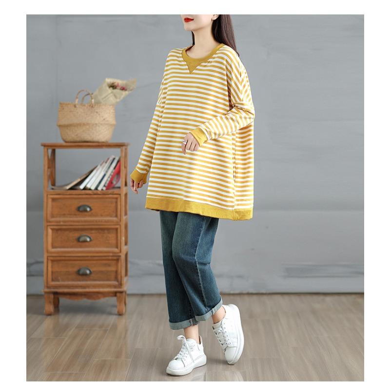 DIMANAF 2025 Autumn Plus Size T-Shirt Women Long Sleeve O-Neck Hoodies Loose Stripes Tops Tees Cotton