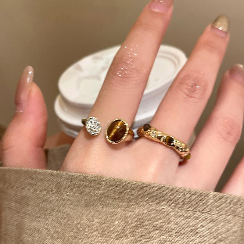 Real Gold Plated Tiger's Eye Zircon Open Bangle – Vintage Court-Style High-End Jewelry for Women.