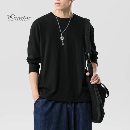 Herrenhemd Rundhals Langarm Weiches Atmungsaktives T-Shirt Einfarbig Lockere Passform Frühling Sommer Casual Tops