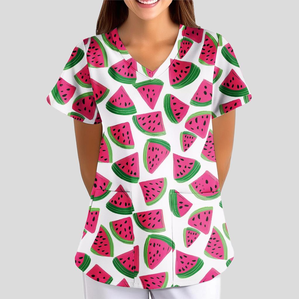 Women's Floral Print Loose V-neck Short-sleeved Uniform/ Uniform