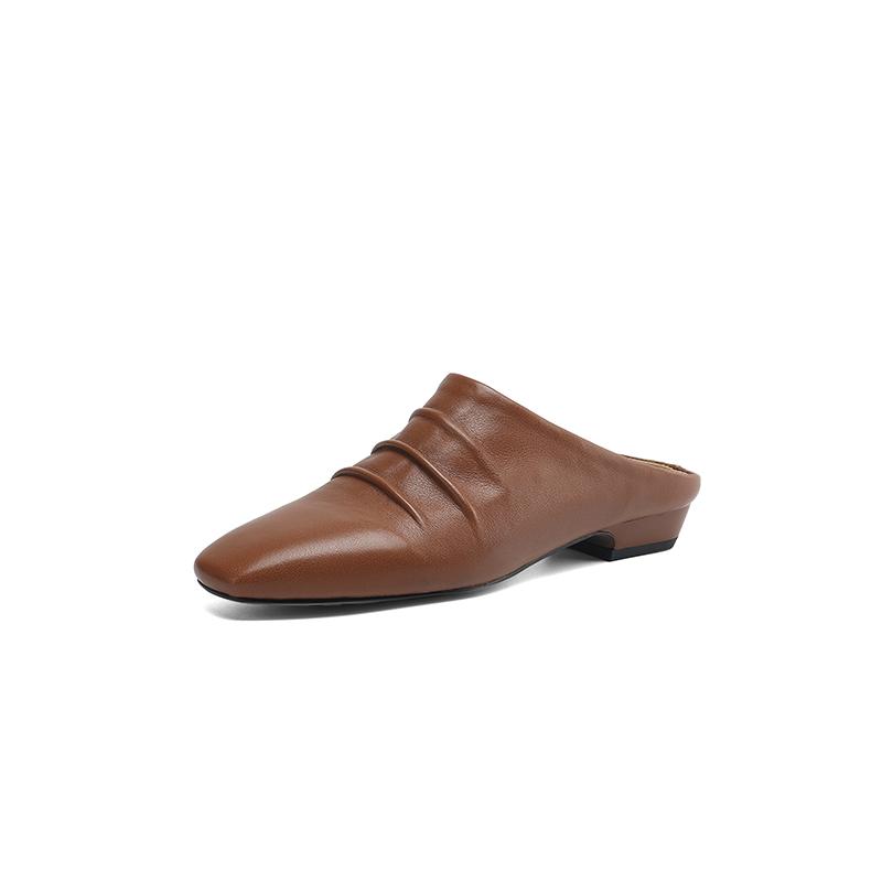 Fashion 2025 New Fashion Genuine Leather Slipers Women Covered Toe Low Heel Square Toe Soft Mules Female Summer Comfort Casual Slides