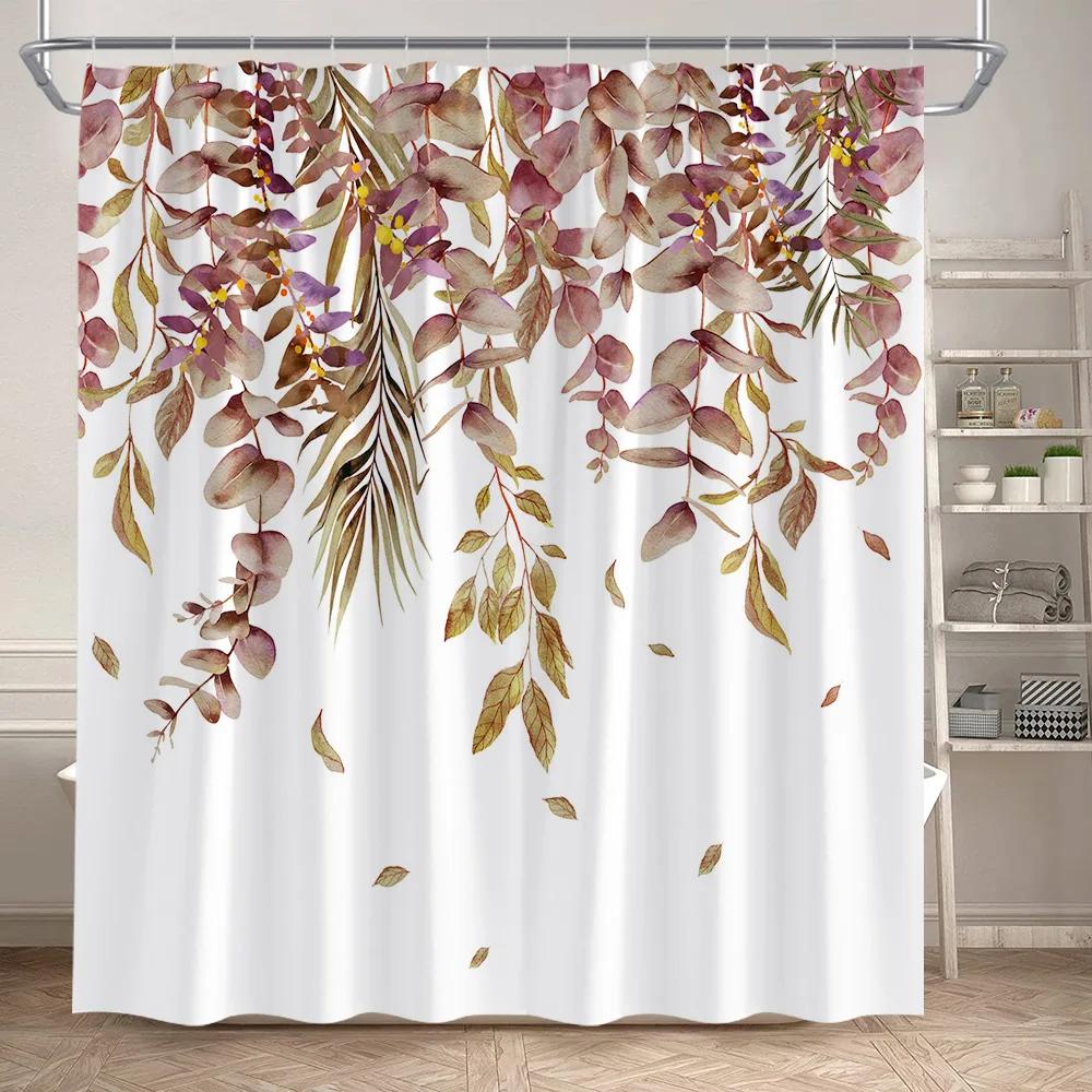 Eucalyptus Leaves Shower Curtains Autumn Brown Leaf Watercolour Plants Modern Bath Curtain Polyester Fabric Home Bathroom Deco