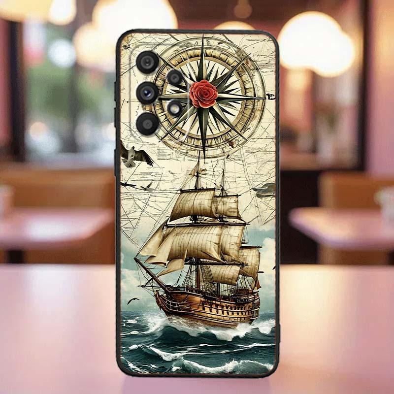 Vintage compass illustration Case For Samsung A41 A35 A34 A33 A32 A25 A24 A23 A21s A06 A05 A04 A03 Note 10 20 Ultra 5G Black