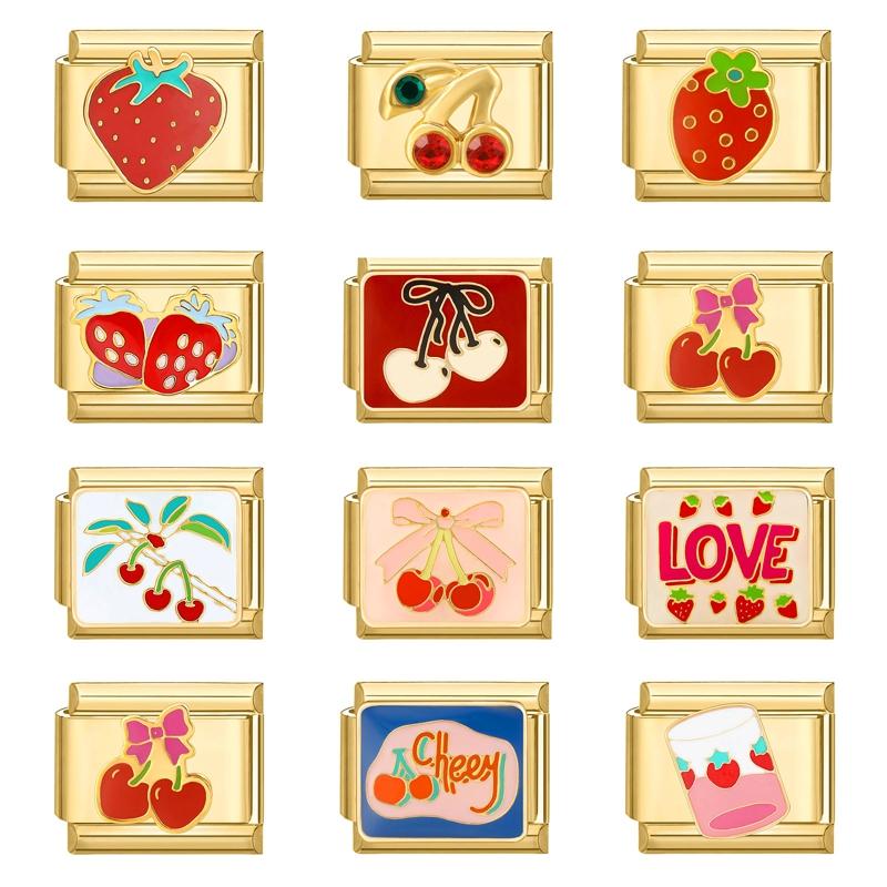 Sweet Cherry Strawberry Heart Flower Y2K Gold Color Italian Charm Links Fit 9MM Bracelet Stainless Steel Making DIY Jewelry