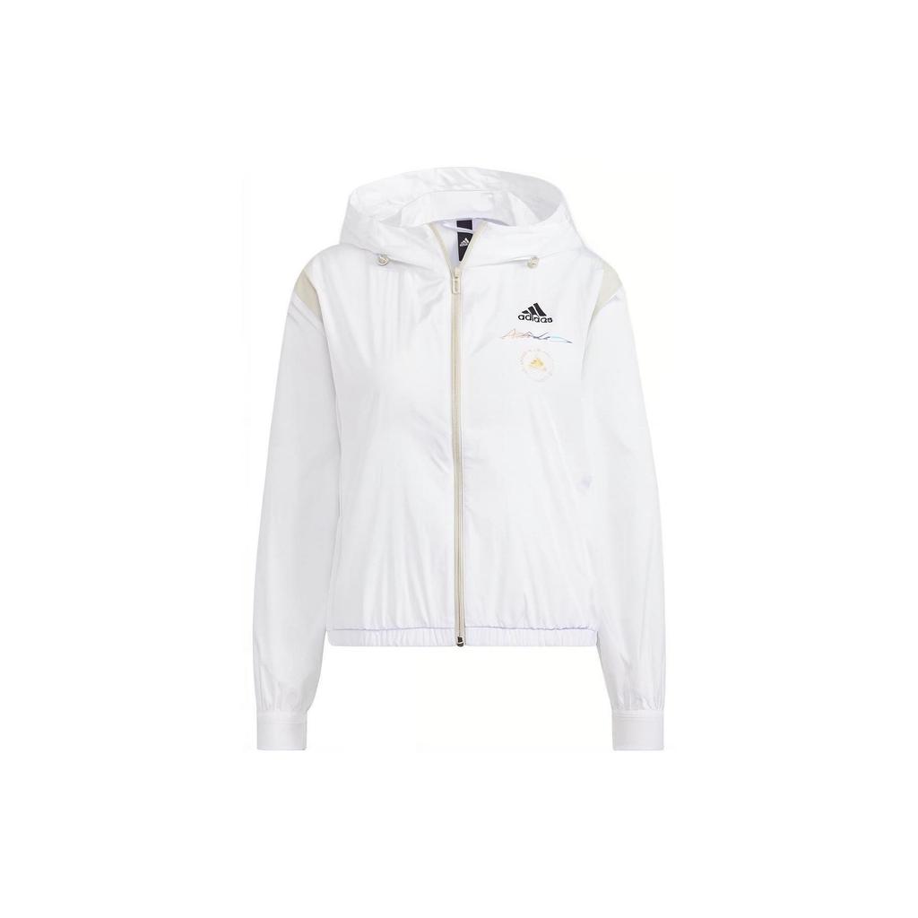 adidas Logo Print Sport Webjacke mit Kapuze Damenjacke Weiß HE9959