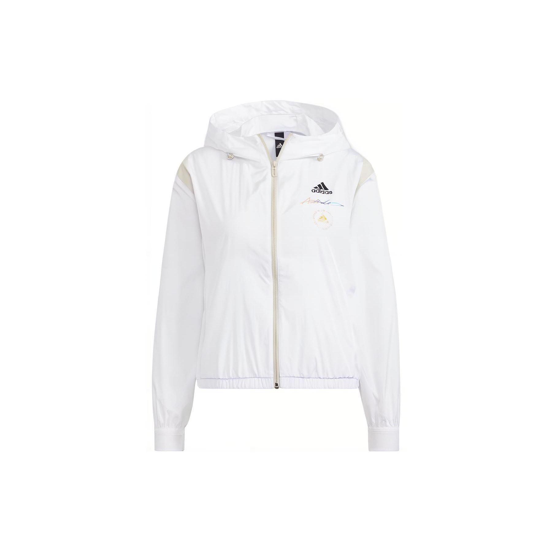 Adidas Logo Print Sports Woven Hooded Loose Fit Casual Outerwear Jacket Women White HE9959 L