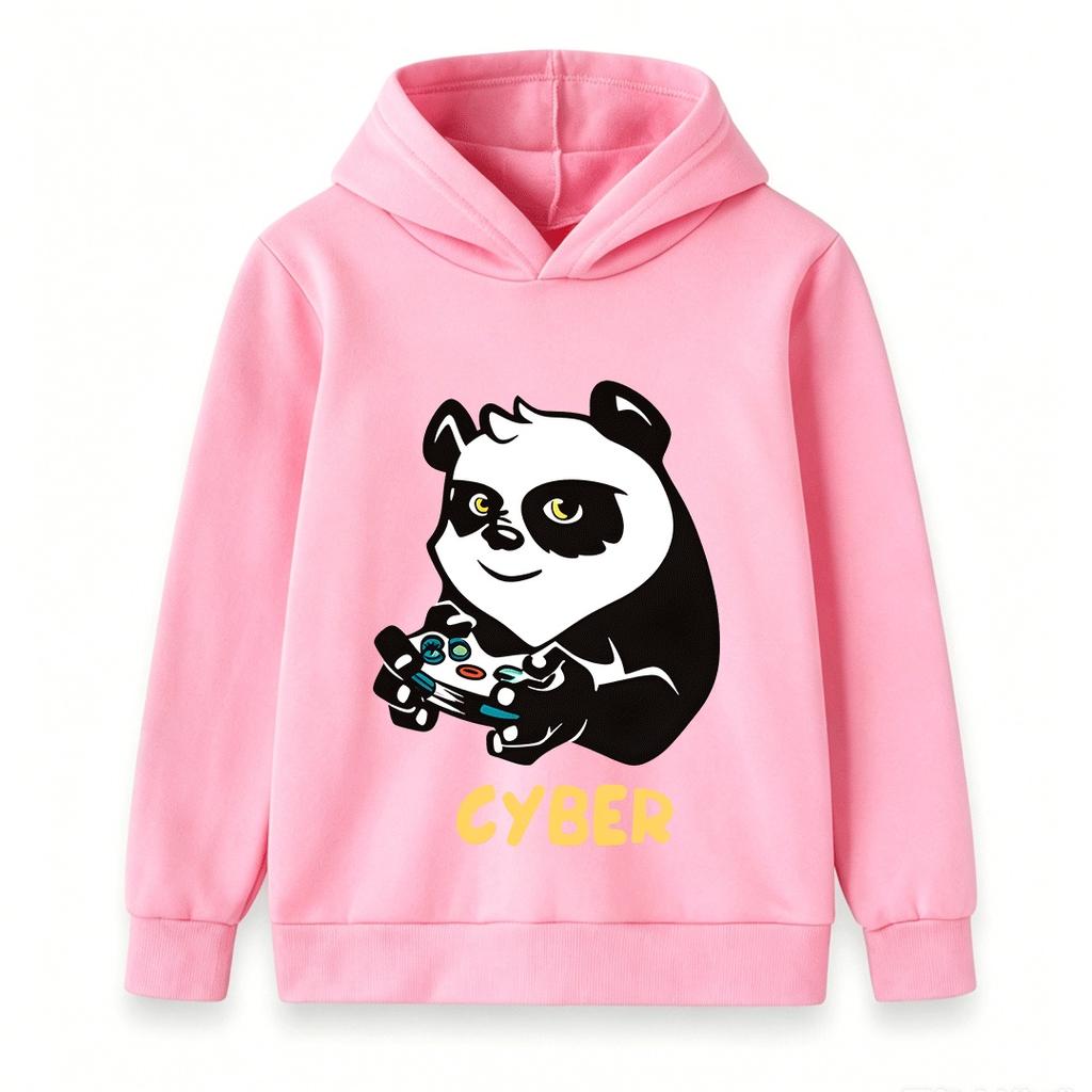 Kids Unisex Casual Hoodie, Cute Gaming Panda Cyber Print Soft Pullover Sweatshirt for Boys Girls Daily Wear