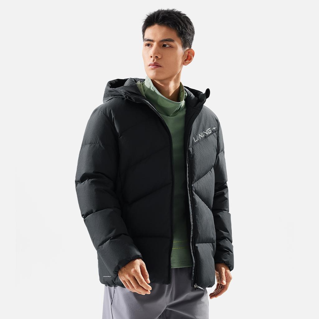 Li Ning Fitness Series Water-Resistant Infrared Thermal Letter Casual Versatile Winter Hooded Zipper Short Down Jacket Men outerwear Black AYMV767-1