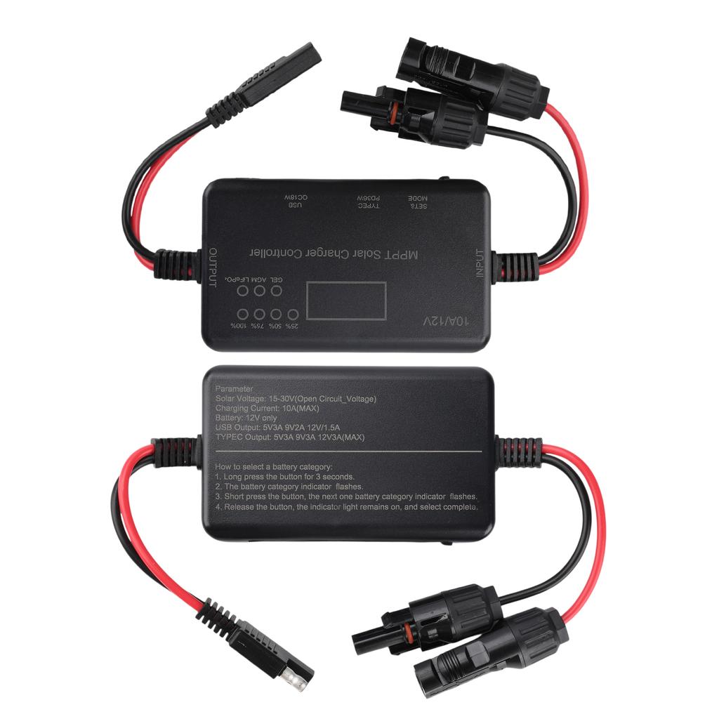 12V 10A MPPT Solar Charge Controller Fit 12.8V LiFePO4 Gel Lead Acid Battery Dual USB Type C PD20W Power Output