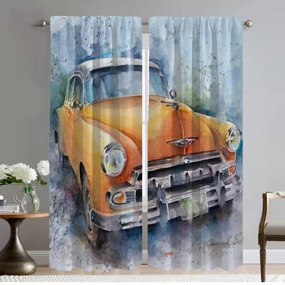 Halloween Decoration Watercolor Car Elegant Room Curtains for Living Room Home Interior Curtains 2 Pieces Window Curtain Shades