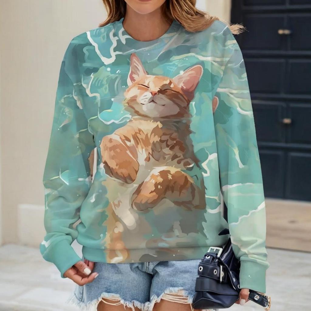 Cartoon Women's Long Sleeve T Shirt Casual Autumn T Shirt Tops Animal Cat Pattern Fashion OverSize Ladies Clothing