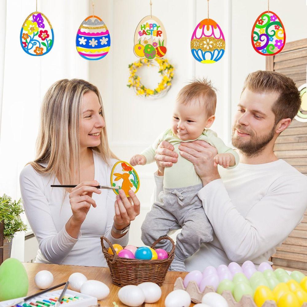 20Pcs/Set DIY Wooden Easter Ornaments To Paint Blank Ropes Unfinished Wood Egg Cutouts Ornament Crafts Hanging Decorations