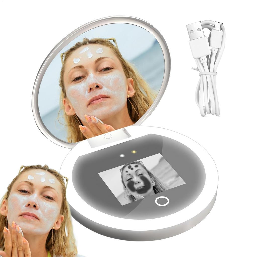 UV Mirror Sunscreen Testing Camera With Light 2X Magnification Travel Makeup Pocket Size UV Smart Sunscreen Makeup Mirror