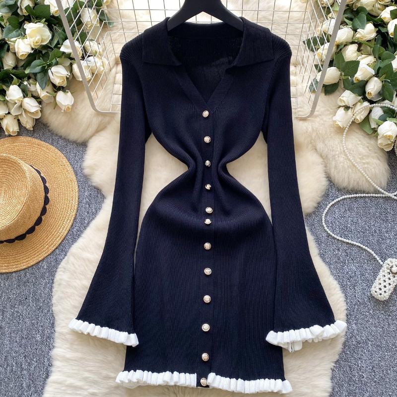 Elegant Knitted Dress for Women Autumn New Ruffle Edge V-neck Slim Long Sleeve Mid Length Ladies Evening Dresses Knitted Sweater