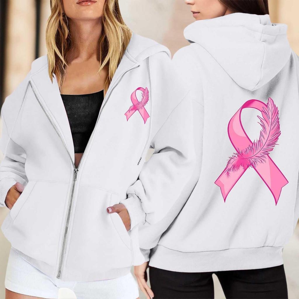 Women's Breast Sweatshirt Ribbon Breast Long Sleeve Hooded Pocket Casual Sweatshirt Jacket
