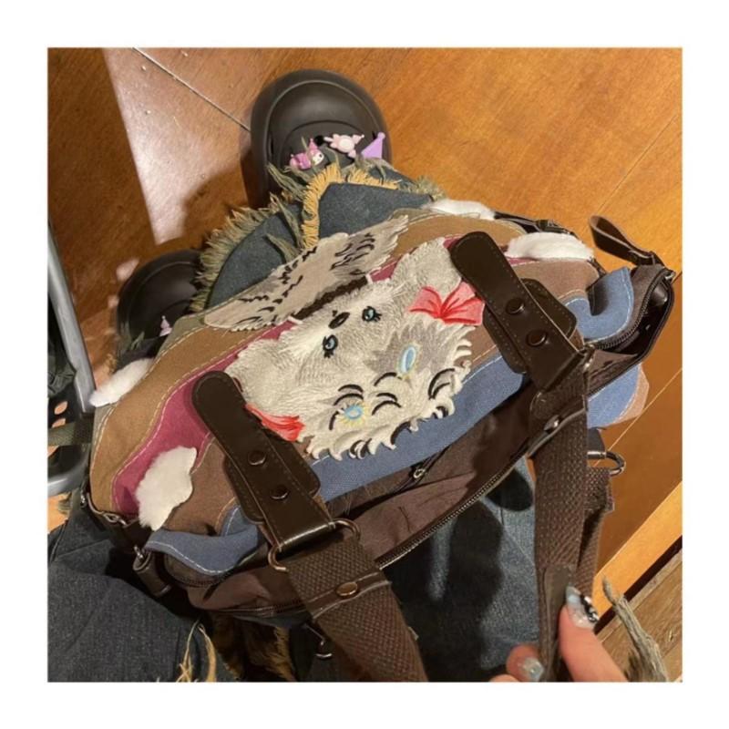 Harajuku Dog  Tote Bag Women Vintage Autumn Patchwork Stripe Brown Shoulder Bag Ladies Retro Casual Handbag Aesthetic