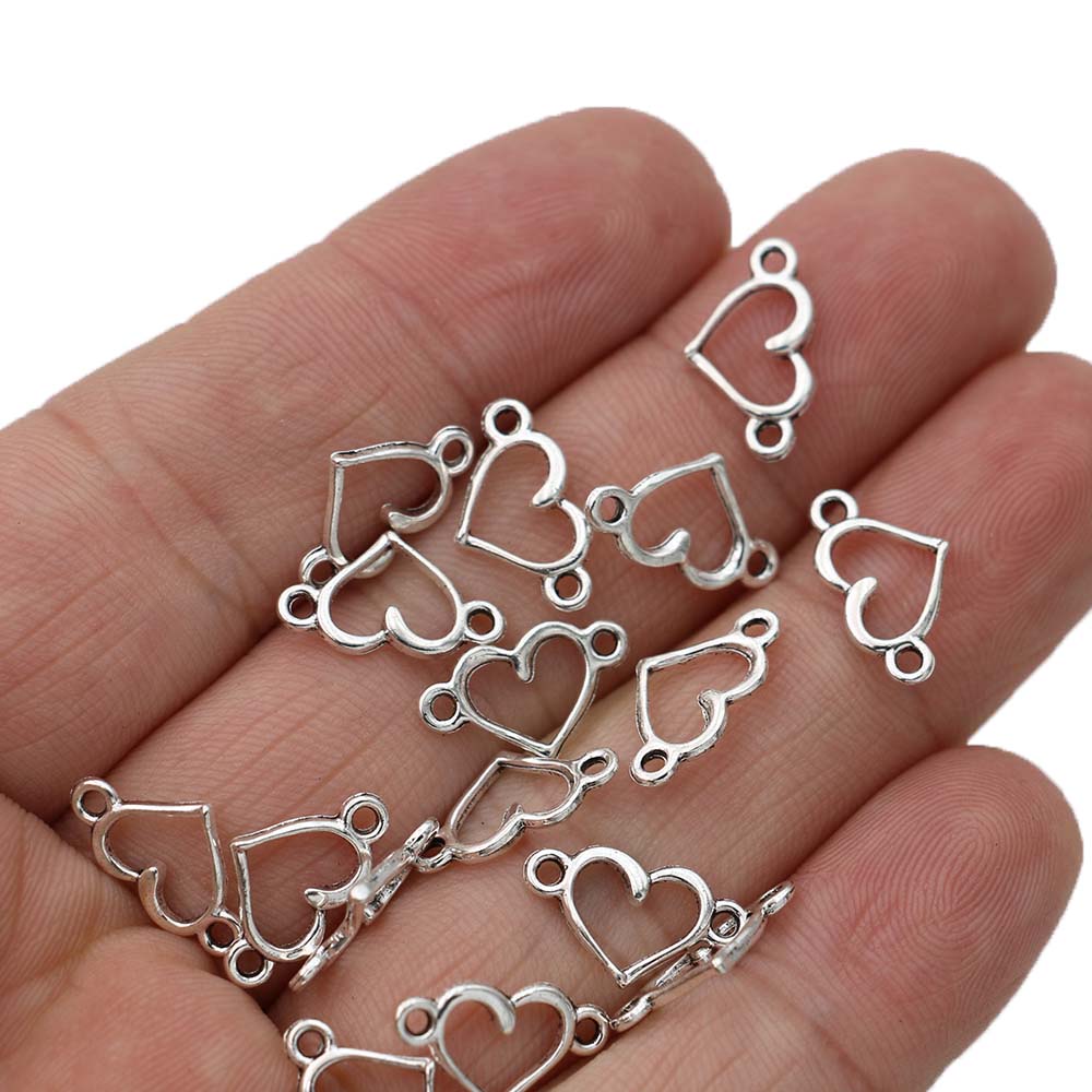 40Pcs Silver Plated Heart Charm Connectors For Jewelry Making Bracelet Diy Craft Accessories15X8Mm