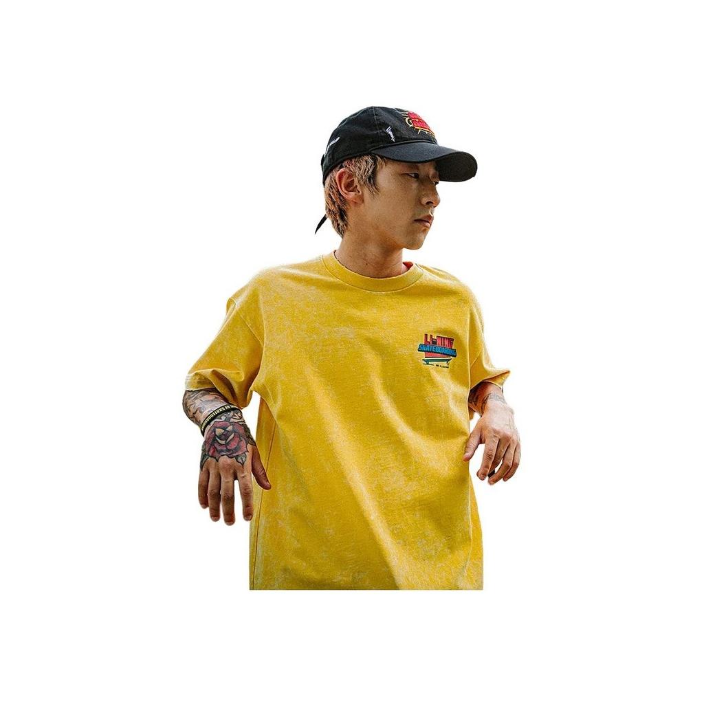 Li-Ning Skateboard Series Cartoon Print Round Neck Letter Loose Short Sleeve T-Shirt Unisex Tops Citrus-Yellow AHSSB93-2
