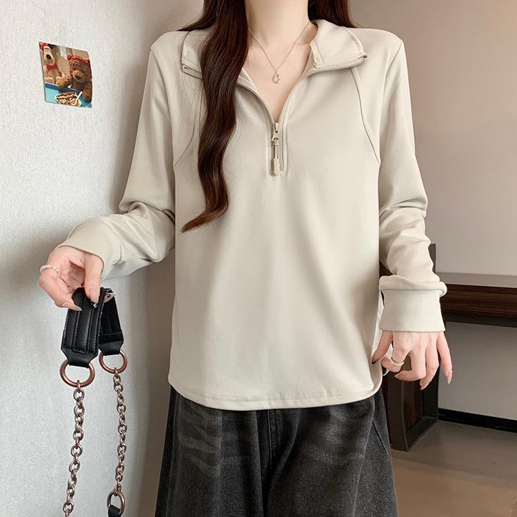 

Plus Size Casual Thick Warm Long Sleeve Top with Half-Open Collar XL абрикосовий