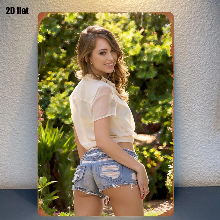 

Vintage D Flat Woman in Sheer Top Ripped Denim Shorts Tin Sign Retro Garden Portrait Metal Wall Art Decor for Bedroom Pati 20x30cm（7.8x11.8inch）
