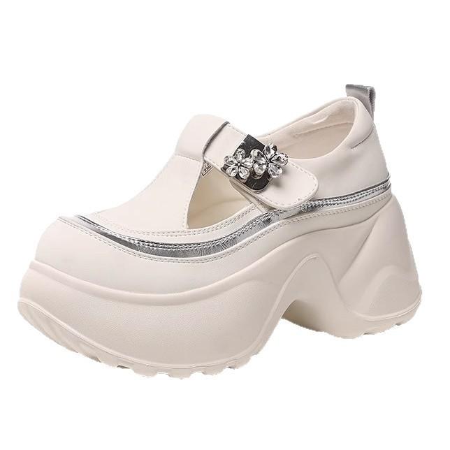 2025 new casual muffin loafers women's fashion single shoes thick sole inner height increase Velcro rhinestones versatile