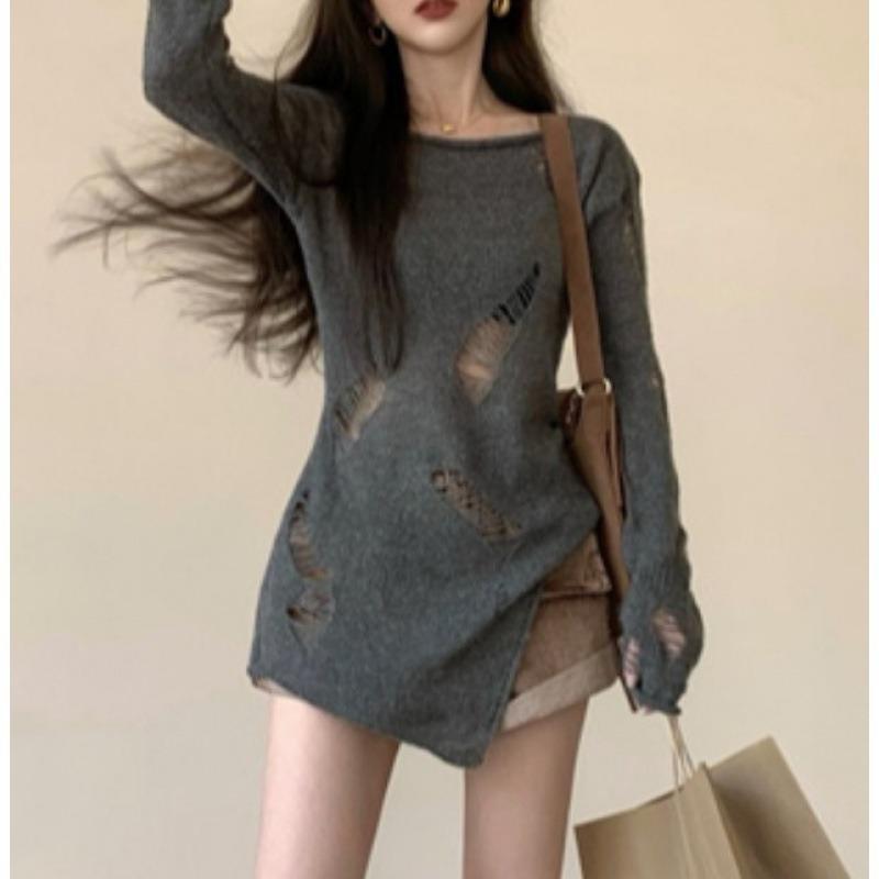 Irregular women's new retro temperament knitted sweater long hollow bottoming top
