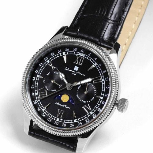 Salvatore Marra Men's Limited Edition Silver/Black Watch, Moon Phase, Multi-Calendar, 5 ATM Water Resistance, Leather Strap, Business/Formal Wear, SM2