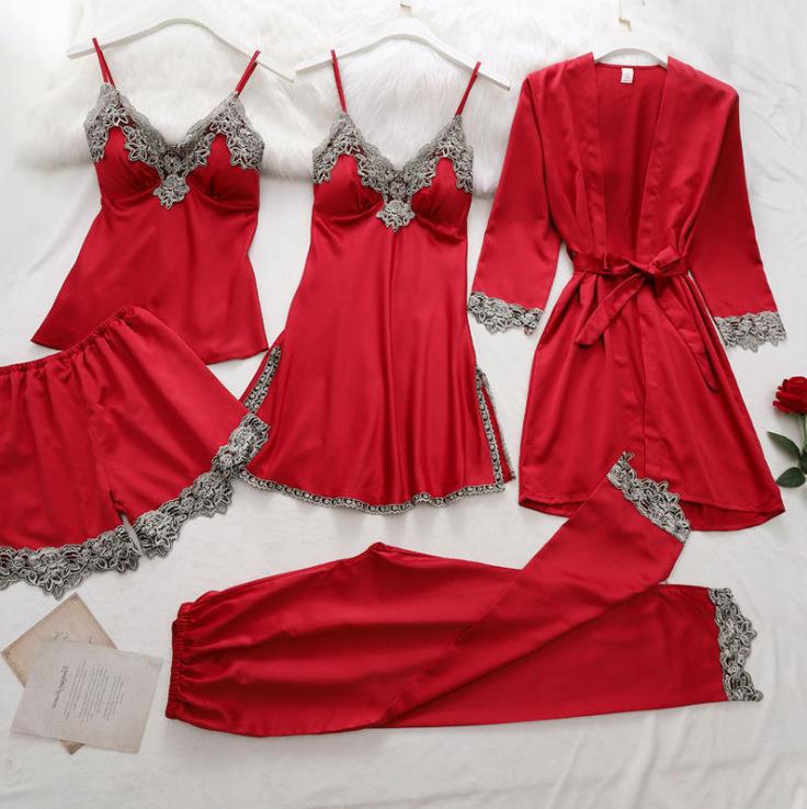 Chic Black Lace Trim 5-Piece Loungewear Set