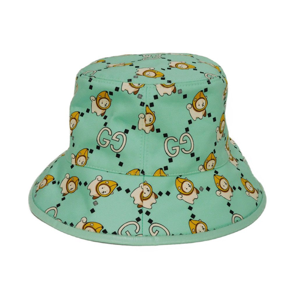 Used 9539 Animal Print Bucket Hat 736960 4HAX3 8469 7919 M 22.8" Banana and Dog All-Over Print Pastel GG Cotton Light