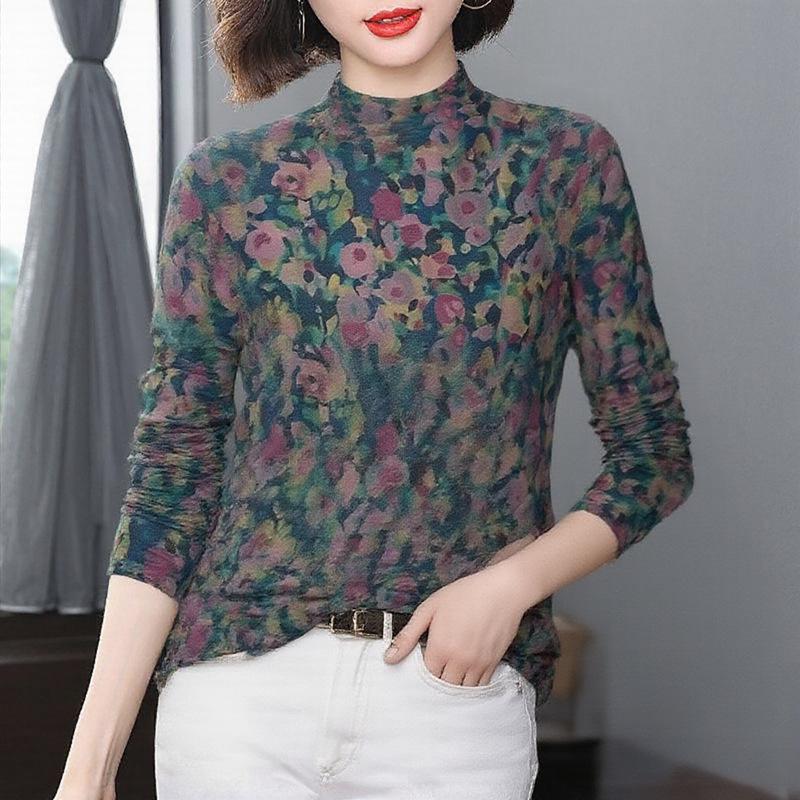 

High Neck Long Sleeve Printed T-shirt for Middle-Aged Mothers: Slimming, Tummy Concealing, Fashionable, Age-Reducing Design L