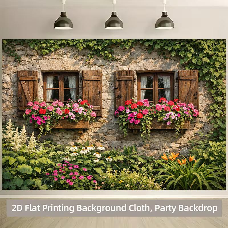 2D Vintage Ivy Wall Backdrop, Countryside Window with Flowers Party Background