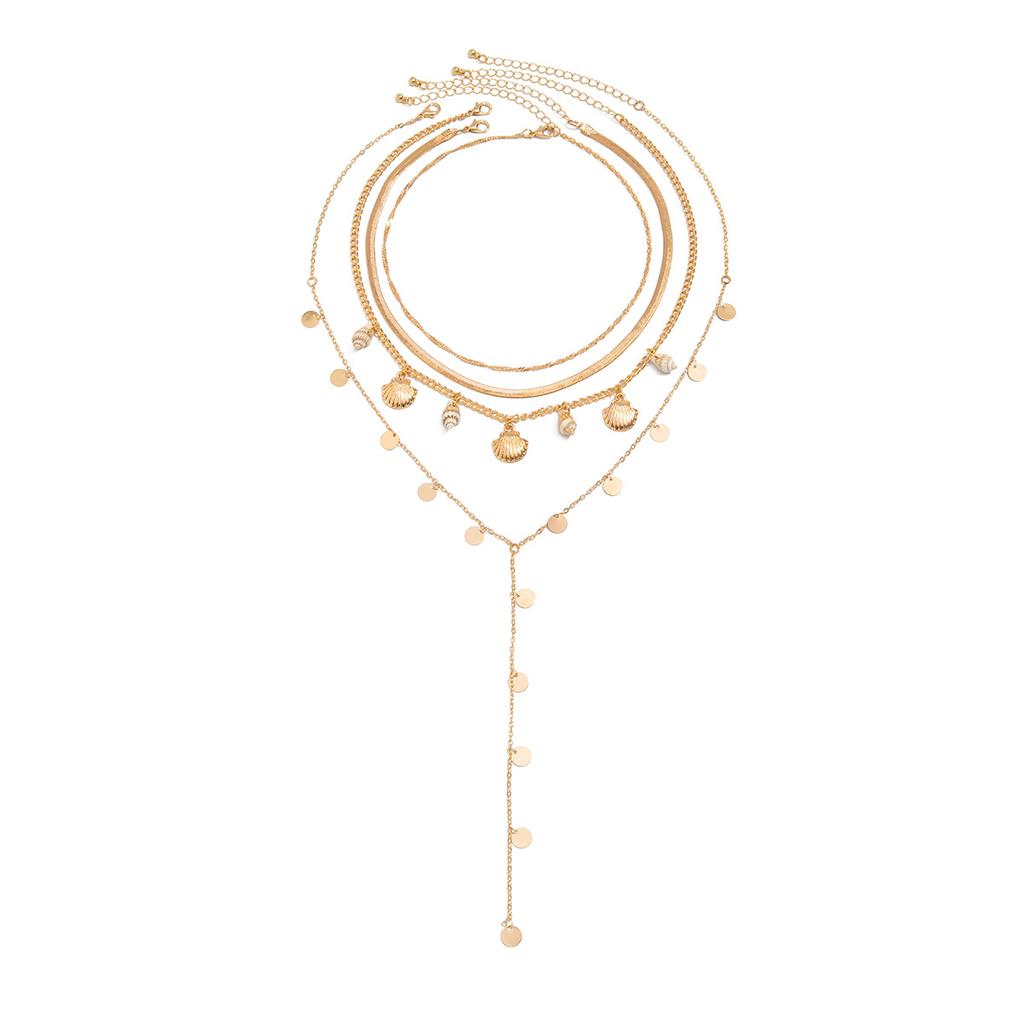 Ocean Vacation Fan Shell Conch Necklace, Stylish Sequin Chain Stacked Collarbone Necklace