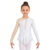 Girls Figure Skating Dance Dress: Long Sleeves Finger Holes Keyhole Back Mesh Patchwork Shiny Rhinestones Asymmetrical Hem