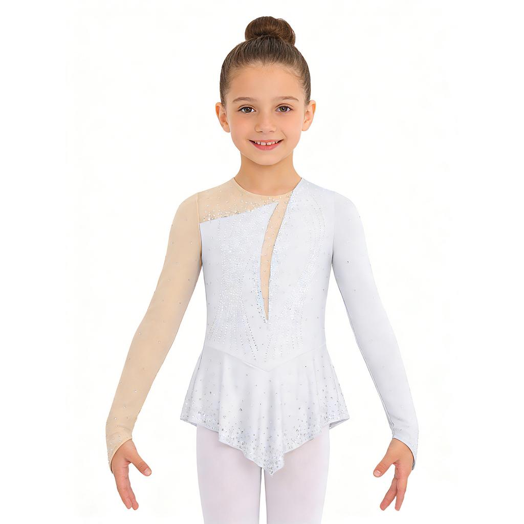 Girls Figure Skating Dance Dress: Long Sleeves Finger Holes Keyhole Back Mesh Patchwork Shiny Rhinestones Asymmetrical Hem