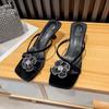 Fashion Summer New Square Head Fashion Sandals Women's Pintoe Stiletto Heels Rhinestone Flower Ribbon Beach Slippers