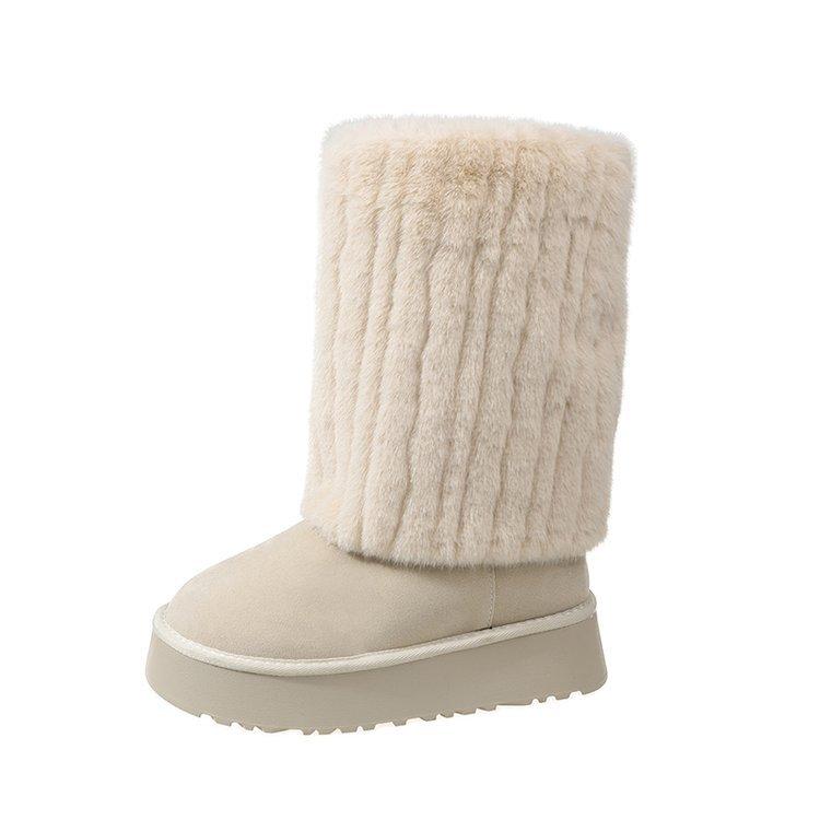 White Internet Celebrity Tall Thick-soled Snow Boots Women's 2025 New Winter Non-slip Piled Thickened Warm Cotton Shoes