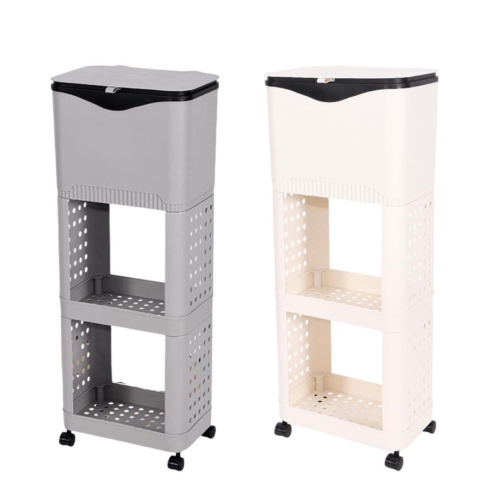 Kitchen Trash Can with Lid with Storage Rack Decorative Wheeled Garbage Bin for Laundry Room Dormitory Garden Garage Office
