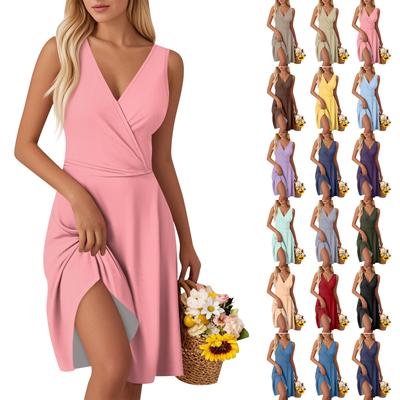 Women's Fashion V-Neck Waist Solid Color Sleeveless Vest Dresses