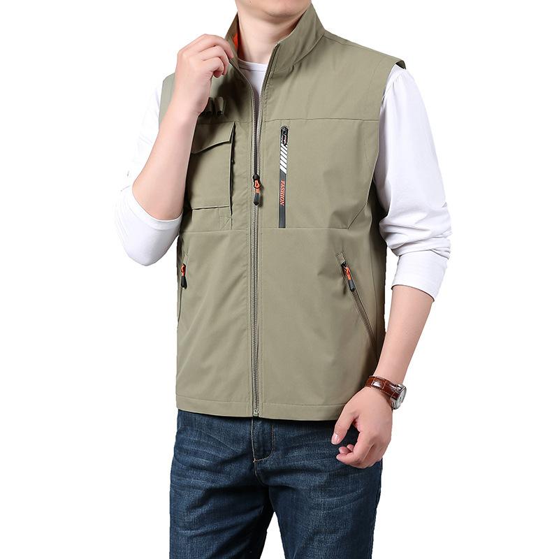 Fire sesonger Middelaldrende og eldre menns vest Tynn pappa Ermeløs ståkrage Flerlommers hurtigtørkende vest Stor størrelse vest