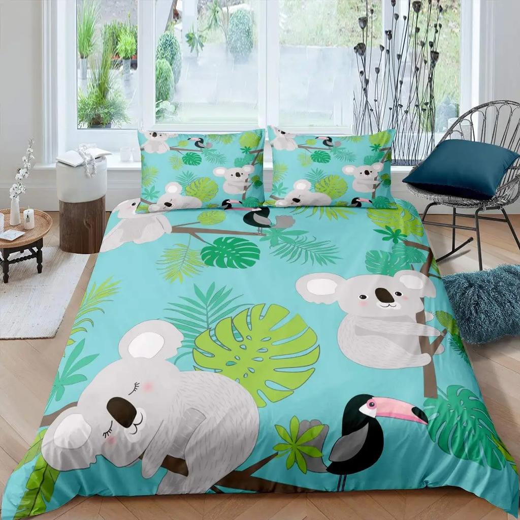 Housse de couette koala mignon dessin animé femmes enfants filles adolescents cadeaux chauds décoration de chambre fleurs roses thème animal dessin animé literie Queen King