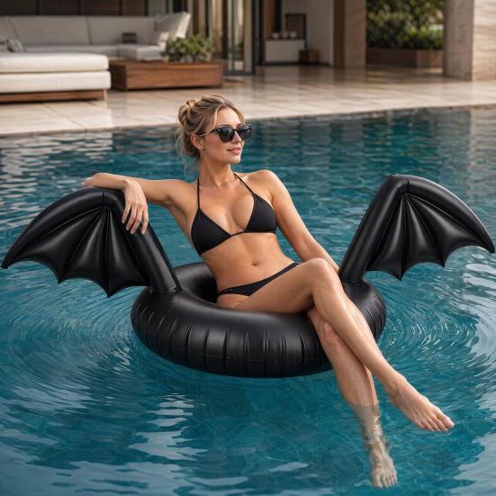 Inflatable Pool Float Creative Bat Wings Decor Black Thickened PVC Swim Ring