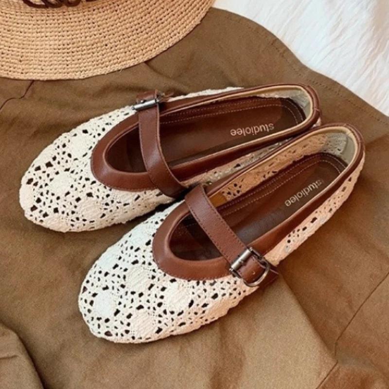 

Fashion Retro Mesh Woven Ballet Flats Women Comfortable Round Toe Shallow Mary Jane Shoes Fashion Buckle Designer Flats Zapatos De Mujer 40 бежевый