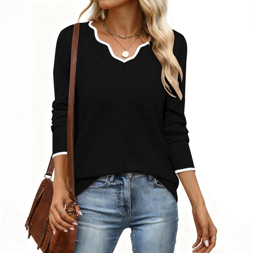 2025 A/W Women's Deep V-neck Color Block Knit Long Sleeve Pullover Sweater