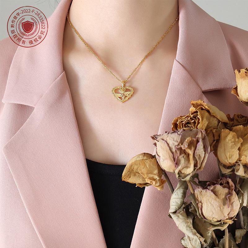 French Vintage Irregular Love Rose Hollow Pendant Flower Ring Necklace Titanium Steel Gold Plated Jewelry Set