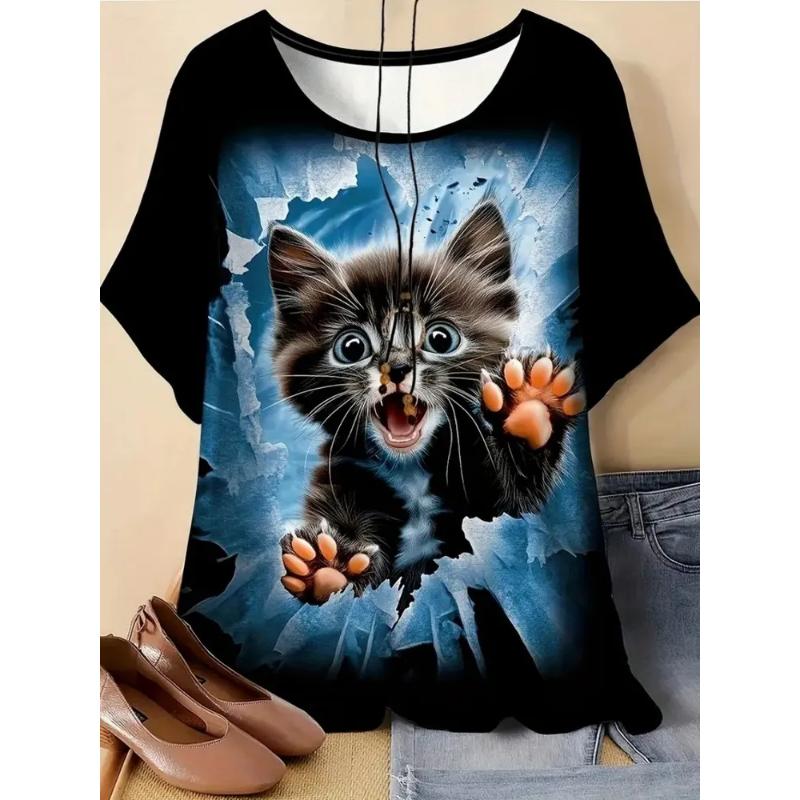 Comfortable Tee Fashion Women's Crew Neck Short Sleeve Animal Short Sleeve Animal T-Shirt 3D Animal Color Printing Tops