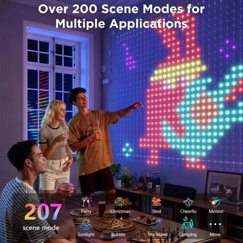 Smart Curtain Lights Curtain String Lights Waterproof DIY Color Pattern Text Music Sync for Xmas Indoor Outdoor Backdrop Decor